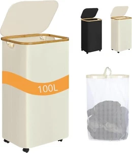 Laundry Hamper,100L Collapsible Laundry Basket with Lid and Inner Bag, Rolling - Picture 1 of 7