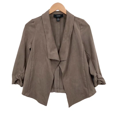 Chaqueta Alfani para mujer pequeña marrón imitación gamuza cuero frente abierto Foto 1 de 4