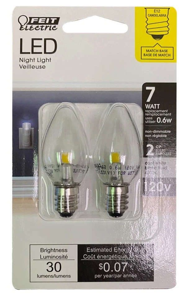 Feit Electric BPC7/LED 0.6 Watt Non Dimmable C7 Candelabra Base, Clear, LED - Image 1 of 2