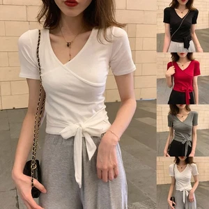 Women V Neck Lace Up Short Sleeve Casual T Shirt Perfect for Summer Days - Picture 1 of 36
