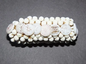 GOLD & WHITE ANTIQUE BUTTONS SEWN ONTO GOLD STRECHT BRACELET VINTAGE 7" - Picture 1 of 3