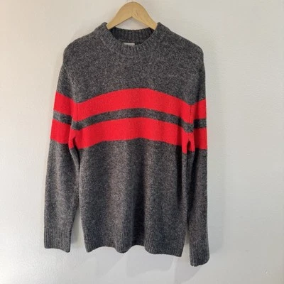 H&M Sweater Mens M Gray Red Striped Retro Wool Alpaca Fuzzy Knit Crewneck - Image 1 of 4