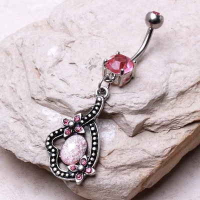 Anel umbigo pendurado caminho floral aço cirúrgico 316L com opala sintética rosa - Imagem 1 de 3