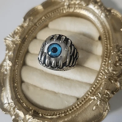 Мужчины ретро серебро сглаз череп зубы из нержавеющей стали мотоциклиста вечеринки кольцо синий 10,5 - Изображение 1 из 3