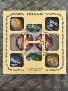 Original Karton mit 8 Vintage HOLLY Christbaumschmuck aus Glas mit Karton - Bild 1 von 4