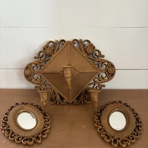 Set 3 applique da parete vintage Homco finto rattan boho portacandele da appendere MCM - Foto 1 di 11