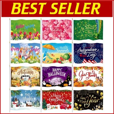 Juego completo de 12 banderas de temporada para celebraciones al aire libre de 3 x 5 pies durante todo el año Foto 1 de 4