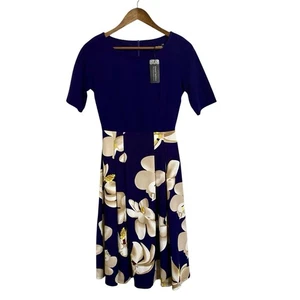 Oxiuli Fashion Dress Womens M 8 Fit & Flare A-Line Floral Blue Tan Cream Pockets - Picture 1 of 8