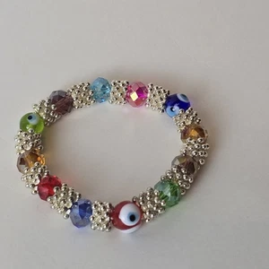 Buntes facettiertes Glasperlen Stretch Armband Evil Eye Silber Zwischenring Boho Geschenk - Bild 1 von 8