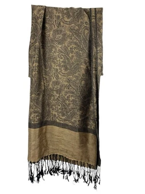 Elegante bufanda envolvente chal de mezcla de seda pashmina color tostado negro cachemira jacquard flecos Foto 1 de 4