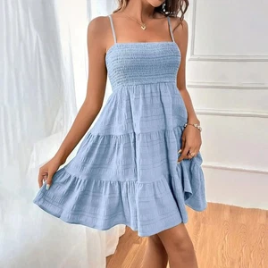 Womens Strappy Ruffle Mini Dress Ladies Summer Beach Holiday Swing Cami Sundress - Picture 1 of 6