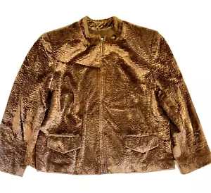 Vtg OSCAR DE LA RENTA Faux Fur Persian Lamb Full Zip Jacket Golden Beige Sz 18W - Picture 1 of 6