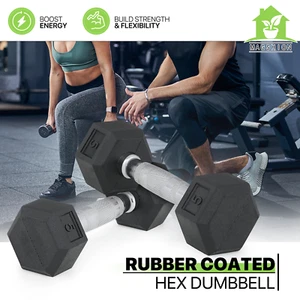 5LBs Rubber Coated Hex Dumbbell Pair Strength Training Gym Home Fitness Workout - Picture 1 of 10