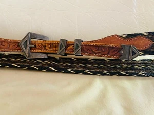 4 PC STERLING SILVER BUCKLE SET ON BRAIDED HORSE HAIR WESTERN VINTAGE BELT - Picture 1 of 9