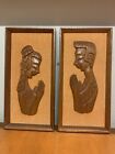 2 Vintage Mid Century Modern Carved Wooden 3D Wall Art Tiki Island Man Woman OLD