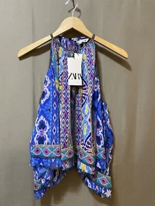 NWT ZARA Women Sleeveless Black Metallic Trim Crinkle Gauze Top Size S Blue Geo - Picture 1 of 15