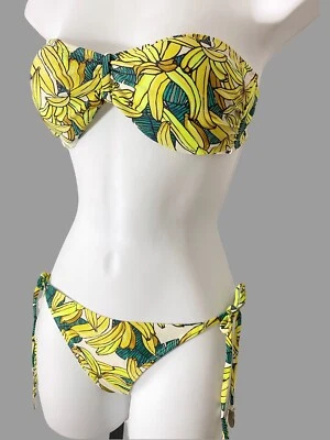 Bikini Banana Bandeau estampado amarillo traje de baño de dos piezas talla 10 nuevo con etiquetas Foto 1 de 4