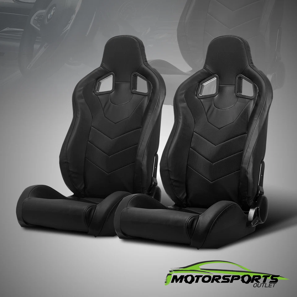 2 x Reclinable Black PVC Punching Leather Left/Right Racing Seats + Slider Pair Foto 1 de 4