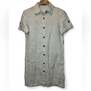 MOTF 100% Linen Khaki Metal Button Shirt Camp Safari Tab Sleeve Dress Women S - Picture 1 of 10