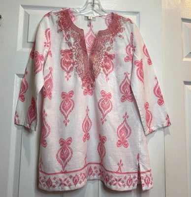 Túnica Charter Club Luxury Mujer Rosa Blanca 100% Lino Bordado Escote Talla M Foto 1 de 4