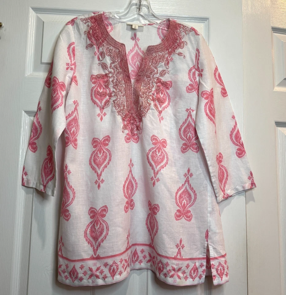 Túnica Charter Club Luxury Mujer Rosa Blanca 100% Lino Bordado Escote Talla M Foto 1 de 4