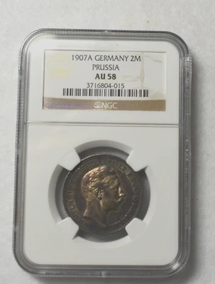 GERMANY PRUSSIA 2 MARK 1907 NGC CERTIFIED AU 58 SILVER COIN ( stock# 105) - Image 1 of 3