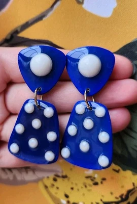Handmade Resin Earrings Bright Blue White Polka Dots Clip On Dangle  Signed - Image 1 of 4