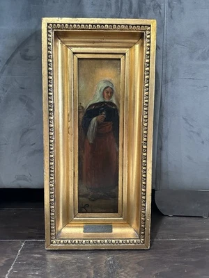 Pintura al óleo de artista listado August Schiott de 1800 antigua madera religiosa 8,5x18 Foto 1 de 4