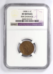 1908-S Indian Head Cent 1C NGC XF Details Rim Damage - Picture 1 of 4