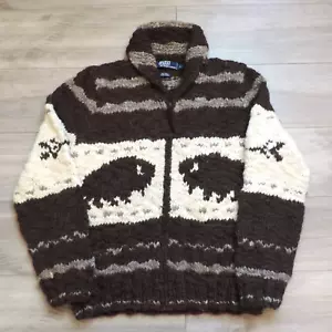 Polo Ralph Lauren Vintage Cowichan Indian Bison Buffalo Handknit Sweater LG Zip - Picture 1 of 8