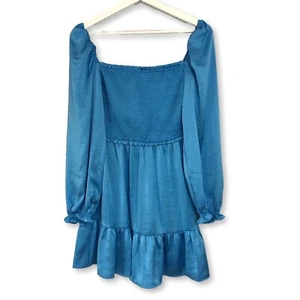 Wilfred Aritzia Tempest Wave blau gesmoktes Satin Minikleid mit Puffärmeln Größe S - Bild 1 von 15