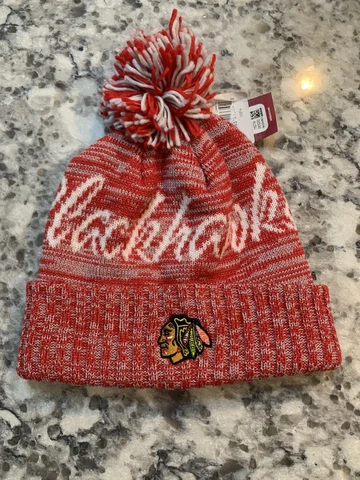 Chicago Blackhawks By adidas Mascot Cuffed Red White Knit Winter Hat with Pom Cover