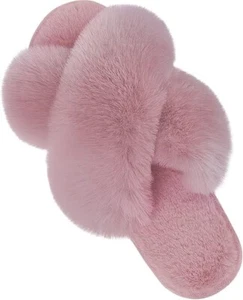 Parlovable Women's Fuzzy Slippers Comfy Cross Band House Shoes Memory Foam Open - Picture 1 of 1
