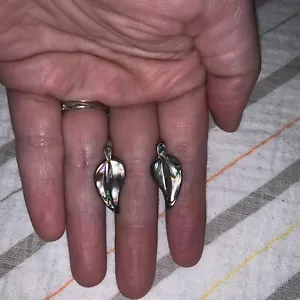 Alpaca Abalone Shell Leaf Sterling Mexico Clip On Earrings - Picture 1 of 4