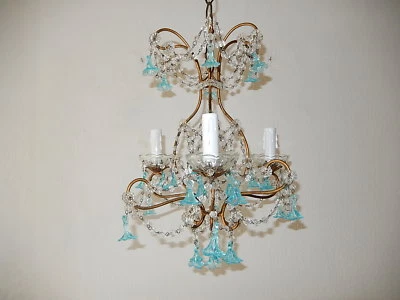 ~c 1920 Francés Aqua Azul Murano Flores Cristal Roca Swags Araña ~ Foto 1 de 4
