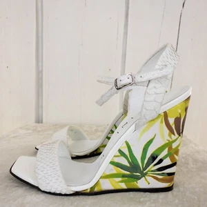 Vicini Sandals Wedge Leather Ankle Strap White Leaf Pattern Ultra High Heel - Picture 1 of 12