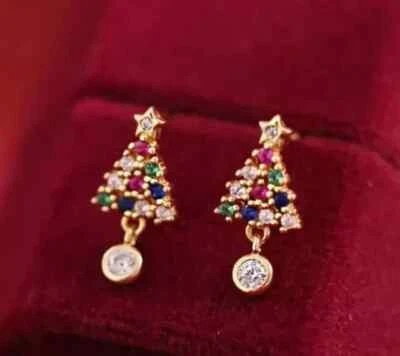 Christmas Tree Stud Earring 14K Yellow Gold Plated 2Ct Round Lab Created Diamond - Image 1 of 3