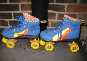 Vintage SFR Rio Roller Quad Roller Skates Blue Leather Rainbow Fixed UK 5 EUR 38 - Picture 1 of 14