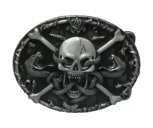 Boucle de ceinture serpents et tête de mort pirate en acier. - Foto 1 di 3