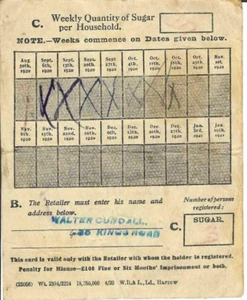 UK Britain England Week Sugar Ration Card Post WWI 1920 Walter Cundall Kings Rd - Picture 1 of 2