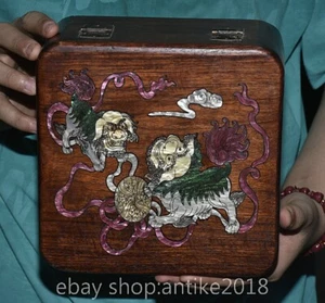 7.8" Old Chinese Huanghuali wood Carved Dynasty Lion Beast pattern Box case - Picture 1 of 8