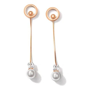 Stainless Steel Rose Gold Dangling Pearl & Crystal Post Stud Earrings  - Picture 1 of 2