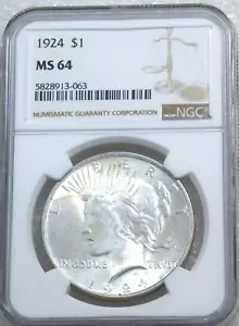 1924 Peace Silber Dollar NGC MS64 White Frosty Luster PQ New Holder #J989N - Bild 1 von 4