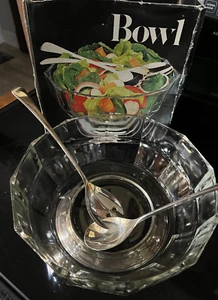 VINTAGE Serving Bowl Leonard Silver Mfg. Crystal Salad Bowl #360 w/ Utensils - Picture 1 of 11