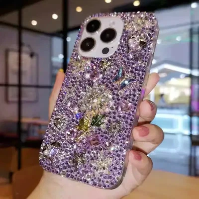 Funda de teléfono floral diamante púrpura brillante para iPhone 17 16 15 14 13 12 11 X Pro Max Foto 1 de 4