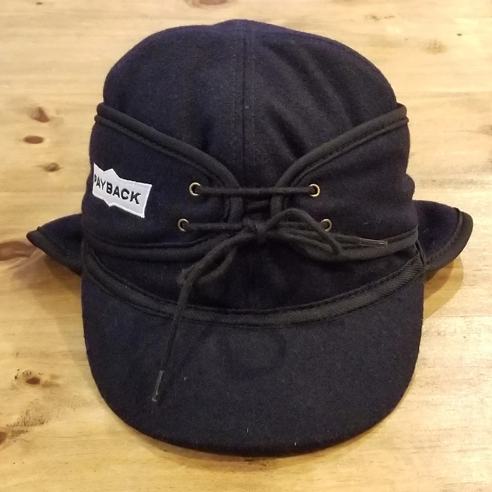 Payback Railroad Tie Hat Size 57.5 7 1/8 M Blue Winter Ear Flaps Wool Jim Bryan - Image 1 of 4