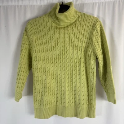 Pria Lime Green Cable Knit Turtleneck Sweater Vintage size: L 100% Cotton - Image 1 of 4