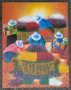 Peruvian Colorful Painting Women in Flower Field Picking Flowers 27X35 Signed - Picture 1 of 15