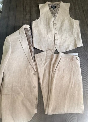 Joseph Abboud JOE Just One Earth 100% Linen 3-Piece Suit Beige Tan 42 28 LG - Image 1 of 4