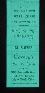 Carney's Bar & Grill anni 60 908 Settima Ave. bet. 57 - 58 pz. Libro fiammiferi NYC NY - Foto 1 di 2